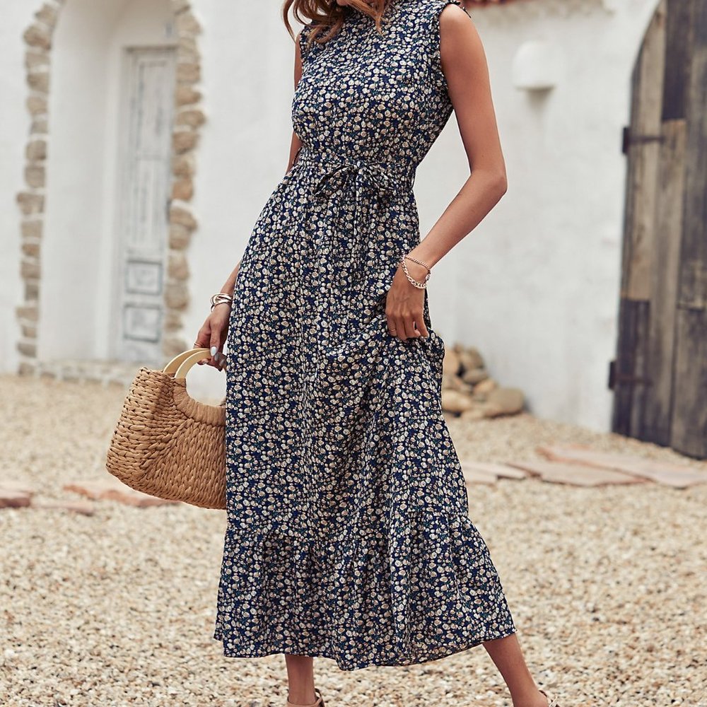 New Ditsy Floral Ruffle Hem Belted Dress - Picture 5 of 8